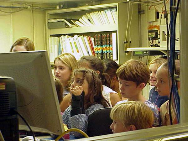 Students watch a virtual Hudson Canyon fly-over simulation.