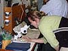 Education specialist examines juvenile dungeness crab