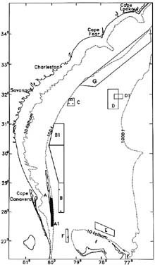 Locations of deep-water Oculina and Lophelia coral reefs