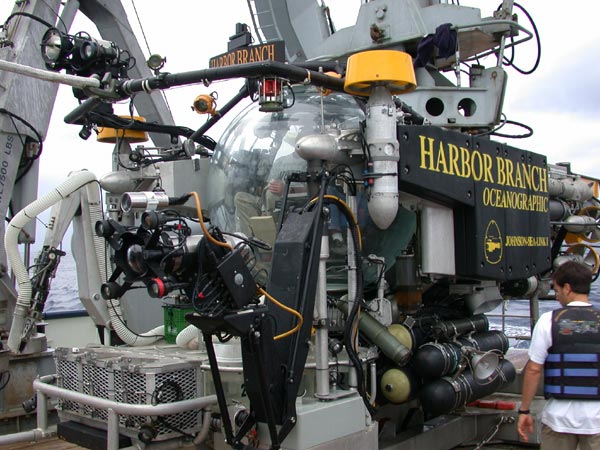 Two people, one pilot and one scientist, can sit up front in the Johnson Sea Lab II sphere.