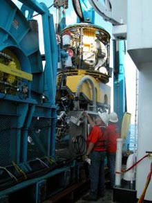 Sonsub technicians at the winch controls during a launch of the Innovator ROV