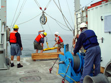 The crew deploys an ROV during an earlier trip to the steamship Portland.