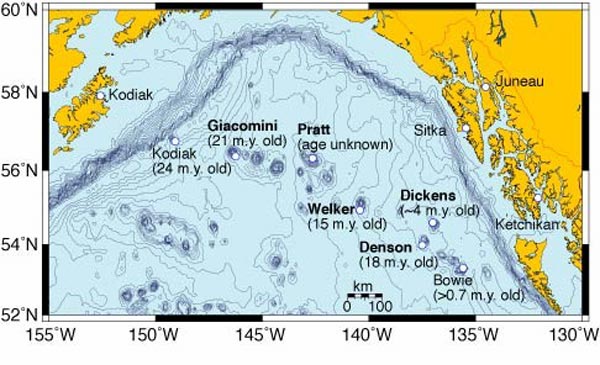 Volcanic seamounts in the Gulf of Alaska.