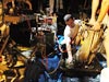 Erik Cordes and Guy Telesnicki retrieve the 'Bushmaster Jr.' tubeworm collection net from the ROV.