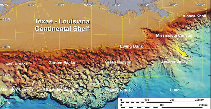 This map provides a general overview of the seafloor topography in the Gulf of Mexico. 