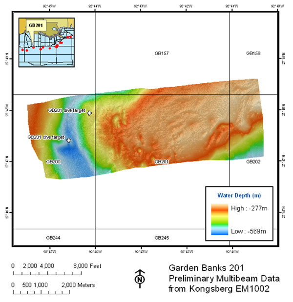 Multibeam bathmetry data for site GB201 acquired during the Lophelia II cruise. 