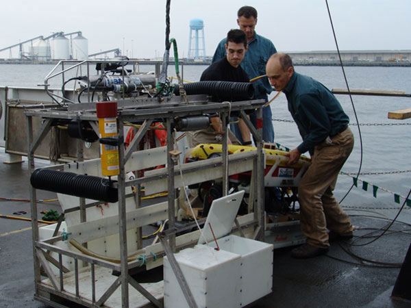 The Saab SeaEye Falcon DR ROV is loaded into its protective 'garage' prior to launch. 