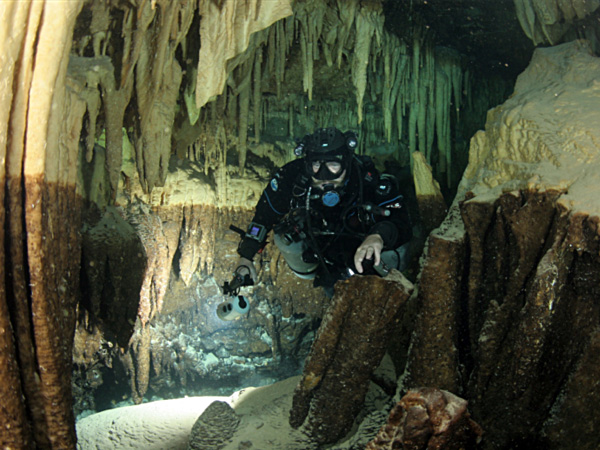 Twin stalagmites in the North Shore Passage of Green Bay Cave.