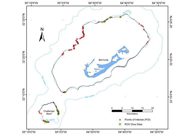 Multibeam map of the shelf edge of the Bermuda Platform and Challenger Bank overlaid on top of the nautical chart of the island. Points of Interest, indicating potential cave entrances, are marked by red triangles, while ROV dive sites are indicated by green circles. Contour lines are from current nautical charts. Note that the 180 m contour derived from nautical charts (light blue line) varies considerably in some locations from our more precisely mapped position (darker line).