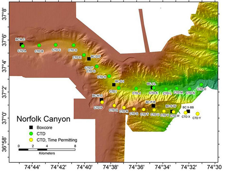 Box core and CTD sampling stations in Norfolk Canyon.