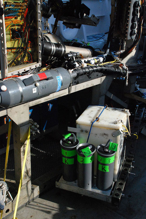 Seen unfolding from the starboard side of Jason is a set of green-labled sampling containers, the ‘quiver’, that will house any specimens of Primnoa found and collected at Norfolk Canyon.