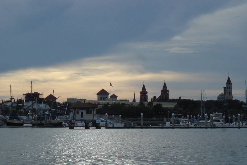 The sun sets behind St. Augustine as we finally reach our destination, passing the unique skyline of this most beautiful and ancient of cities.