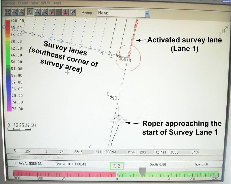 A view of our navigational display that the helmsman uses when driving along a survey lane.