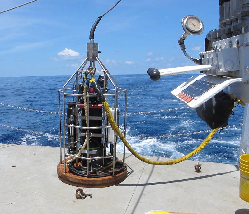 The ROV Global Explorer clump weight being lifted into the water.