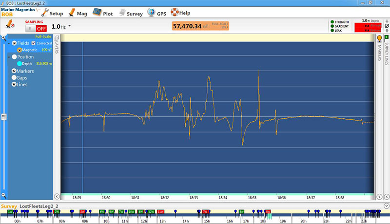 Magnetometer readout image of multiple anomalies grouped together that likely represents a mass of material from one of the whaleships.