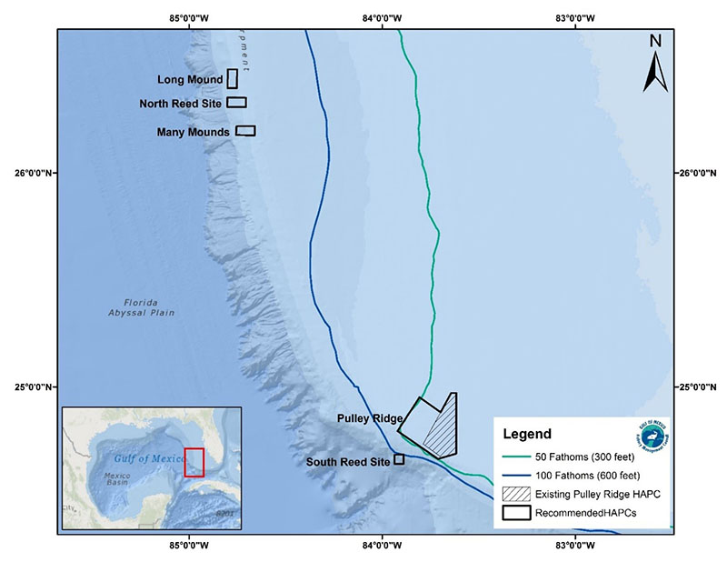 Map showing areas on the West Florida Shelf that are currently being considered as potential habitat areas of particular concern by the Gulf of Mexico Fishery Management Council.