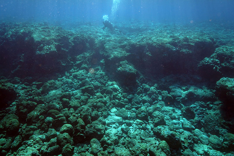 The edge of the reef suddenly drops off to a rock and rubble filled channel.