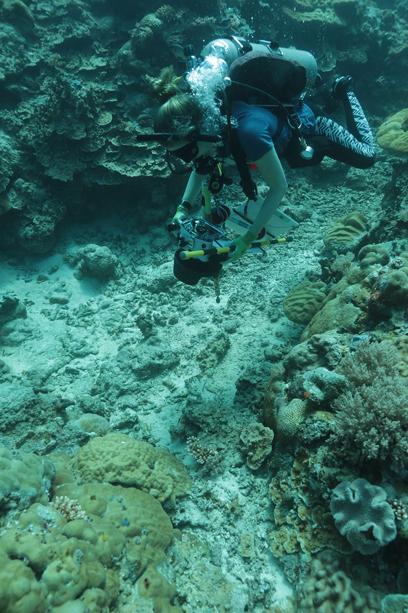 Kailey Pascoe documenting a narrow blast channel between two undamaged areas.