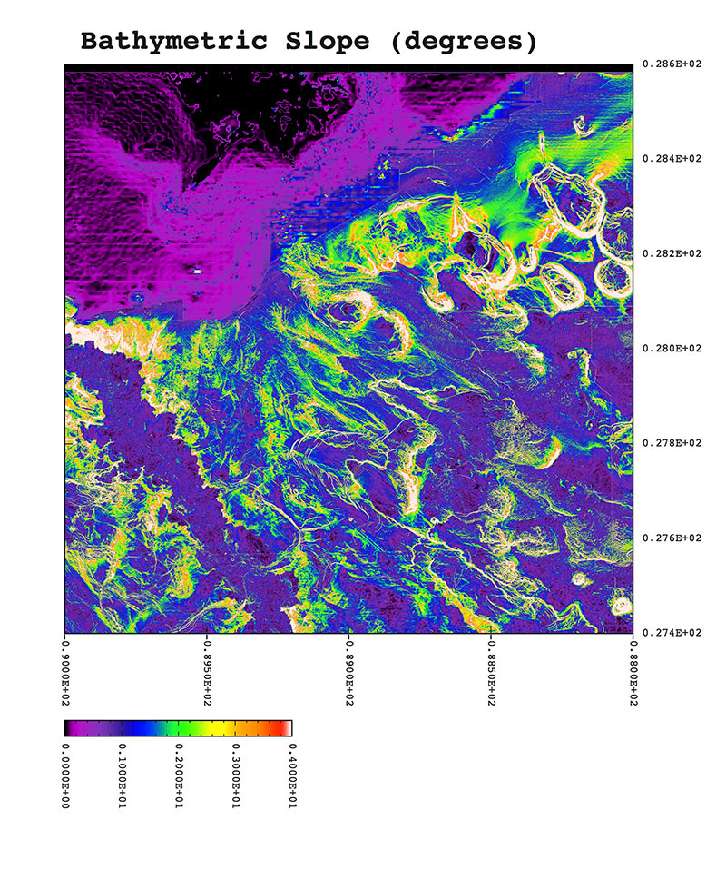 Plot of a bathymetric slope in degrees for a fairly large region (1.5 x 1.5 arc degrees) covering our study area. The slope of the seafloor is one of the quantities that we will be using to try to correlate with microbiomes