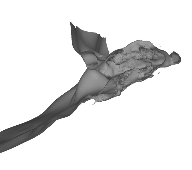 Initial 3D sonar map views of front (left) and cross-section (right) of a cave entered, explored and mapped by SUNFISH. The cave entrance is approximately 9 m from floor to ceiling. Post-processing of the 3D sonar and camera data from SUNFISH and the lower-resolution surface survey from 2022 is underway.