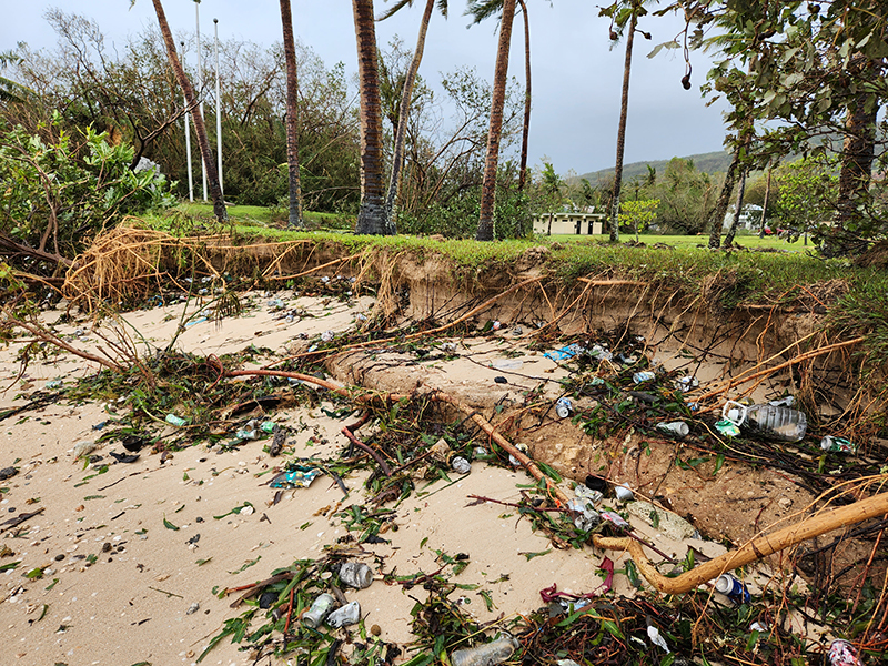 Erosion and bank undercutting along the shoreline at the Agat unit of Guam’s War in the Pacific National Historical Park immediately after 2023’s Typhoon Mawar.