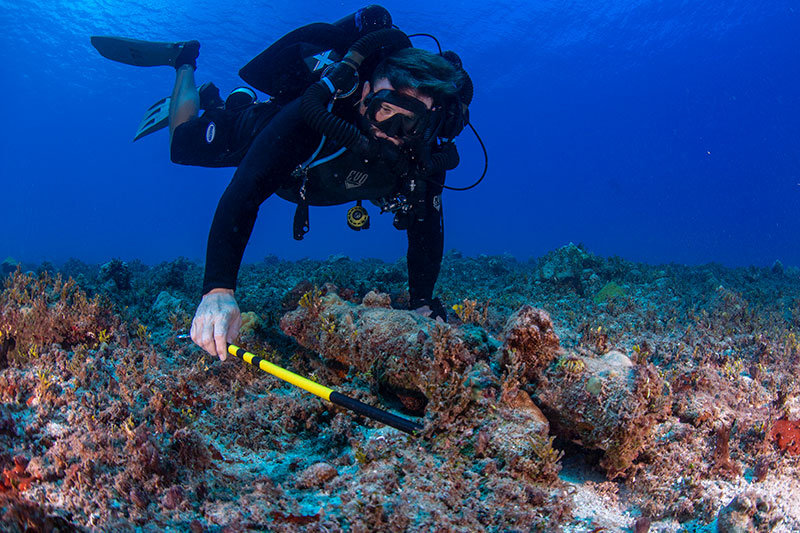 A large mortar rests in 52 meters (170 feet) of water off of Asan Beach.