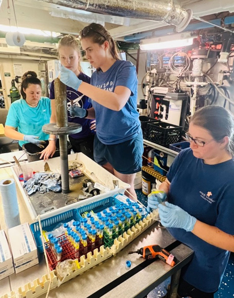 Four women processing a sediment core.