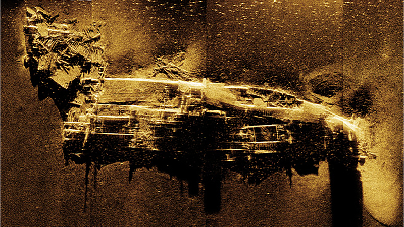 Synthetic aperture sonar imagery of the wreck of SS Dellwood, a U.S. Army cable layer that sank in July 1943.