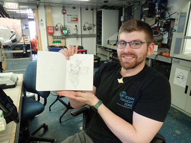 Nick Bezio shares his sketch of a sea angel (pteropod) collected with the Methot trawl during the Exploring Pelagic Biodiversity of the Gulf of Alaska and the Impact of Its Seamounts expedition.