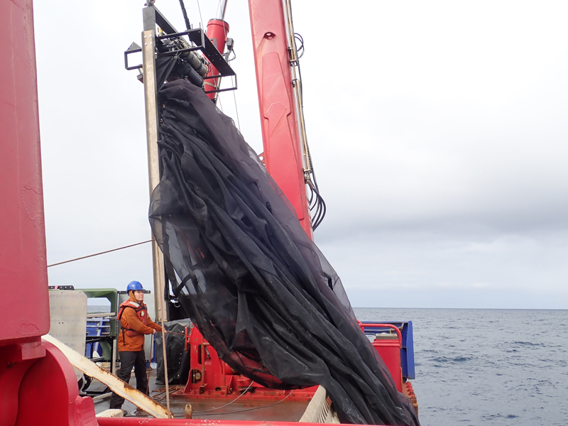 Moira Décima helps deploy the Multiple Opening/Closing Net and Environmental Sensing System (MOCNESS) from the back of Research Vessel Sikuliaq. The 10 nets are packed together with closed mouths, each awaiting their opening at a prescribed depth.