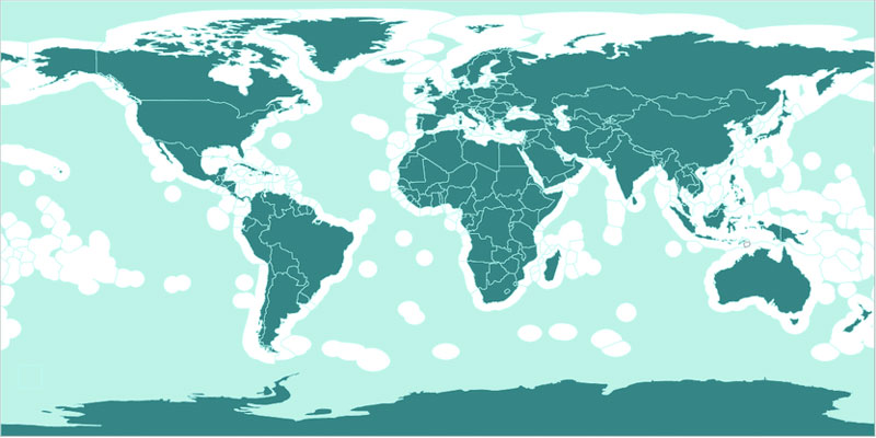 On this map, exclusive economic zones are shown in white and high seas, or areas beyond national jurisdiction, are shown in light green.