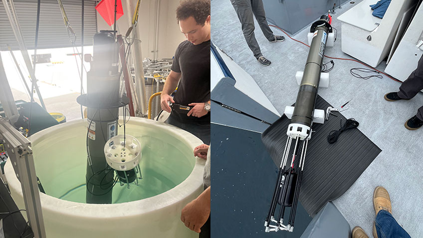 Split image of a cylindrical marine device in a water tank and on a deck.