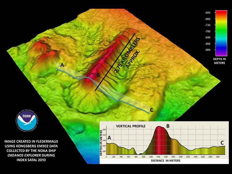 An isolated ridge rimmed by a deeper channel is shown in this bathymetric image. How did this unique geologic feature form? Did the area beneath the ridge sink from the weight of the feature? Or was the channel formed by underwater currents gouging out the softer sediment around the ridge? Further geophysical exploration is necessary to understand such mysteries.