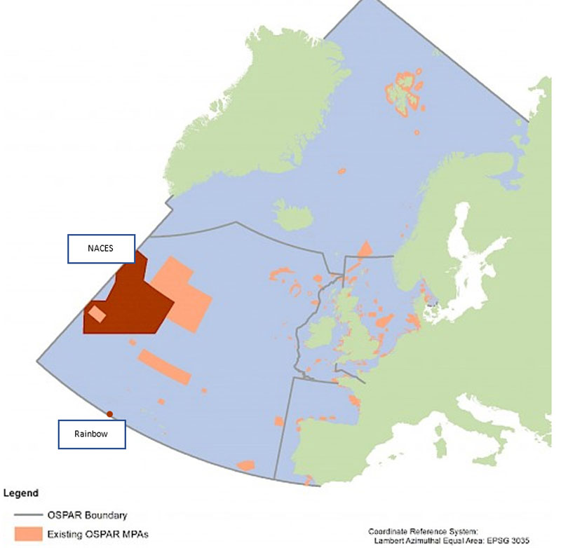 The location of the North Atlantic Current and Evlanov Sea basin (NACES) marine protected area and Rainbow hydrothermal vent field.