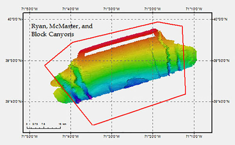 Approximately 900 square kilometers of seafloor were mapped during focused survey operations at Block, Ryan, and McMaster Canyons as part of this expedition.