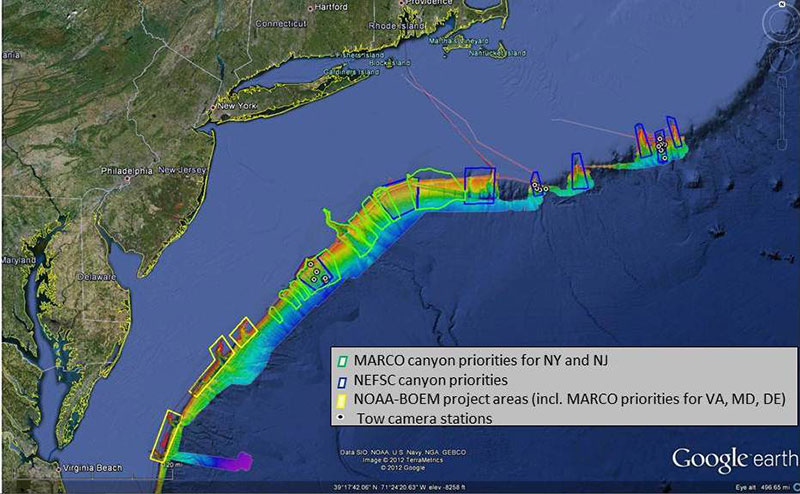 Image includes locations of towed camera operations conducted during a NOAA Ship Henry B. Bigelow expedition in July 2012.