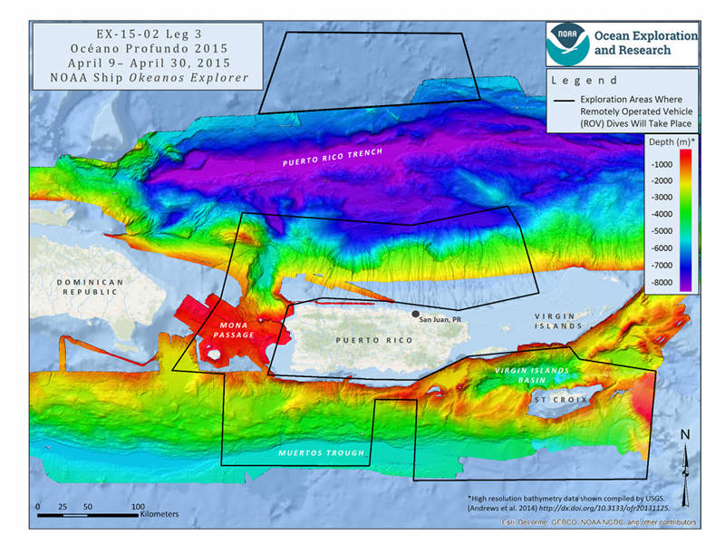 Mission map showing the operating areas, with priority areas outlined in black, for Leg 3 of Océano Profundo 2015. Map created with ESRI ArcMap software and data displayed is provided by ESRI, Delorme, GEBCO, USGS, NOAA NGDC, and other contributors.