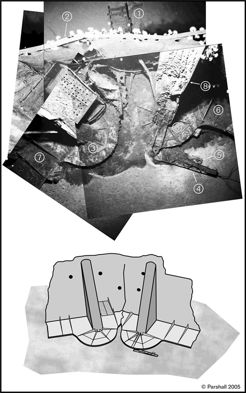 Photo collage of The Chunk showing: 1. Ladder. 2. Exterior bulkhead. 3. 25mm AA gun tub (inverted). 4. Landing light array (assists pilots in lining up their approach). 5. Landing light. 6. Walkway aft. 7. Walkway forward. 8. Strut support for gun tub.