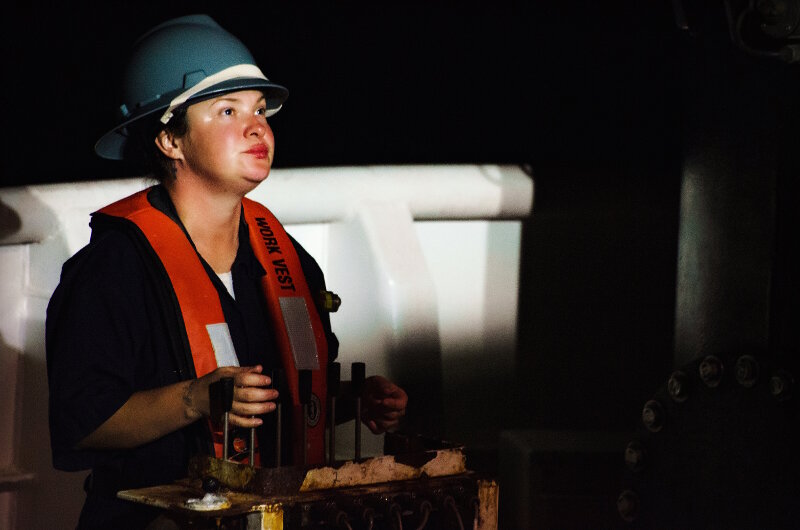 Nicole Turpin recovering the ROVs at night on NOAA Ship Okeanos Explorer. Photo: Caitlin Bailey, GFOE