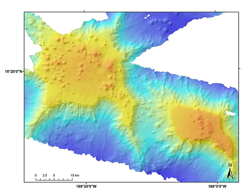 Two guyots just south of Johnston Atoll in the monument that have cone features on their summits.