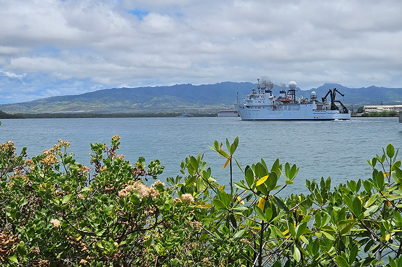 NOAA Ship Okeanos Explorer departs the NOAA Daniel K. Inouye Regional Center on Oahu’s Ford Island, marking the start of the Beyond the Blue: Papahānaumokuākea Mapping 1 expedition in June.