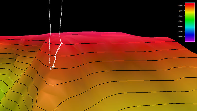 3D topographic map with red to yellow gradient and contour lines.