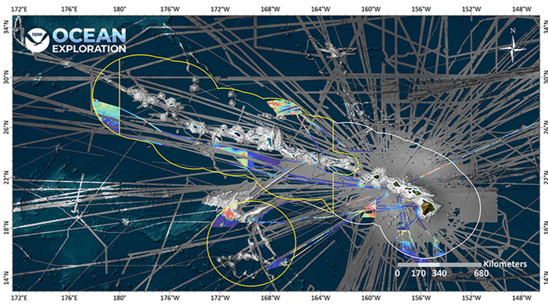 A map with bathymetric ocean exploration data by NOAA, featuring tracks and zones on a blue ocean background.