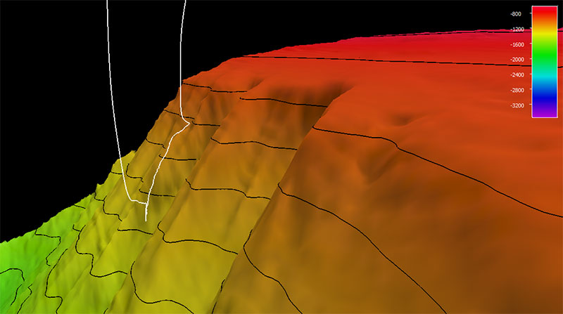 The dive track (white line) for Dive 06: Durgin Guyot, of the Seascape Alaska 5: Gulf of Alaska Remotely Operated Vehicle Exploration expedition. Bathymetry shown at three-times exaggeration. Scale is water depth in meters.