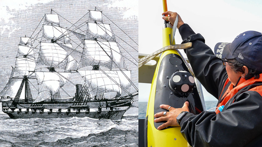 The past and present of ocean exploration. (Left) The HMS Challenger was a late 1800’s research vessel that made many of the discoveries that laid the foundation for ocean science. (Right) Engineer Christina Ramirez affixes Seaglider’s antenna which will allow the glider to communicate with her and other scientists on-shore.