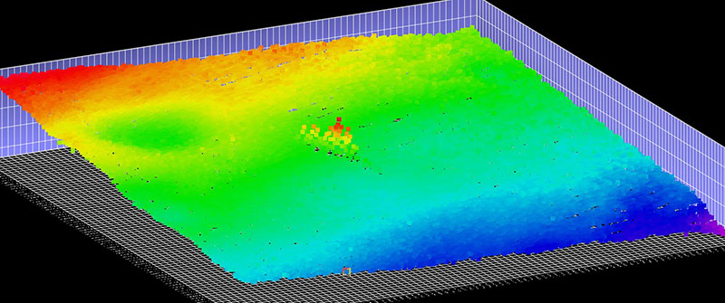 Figure 4. Oblique view of shipwreck. Wreck indicated with white arrow, depression indicated with purple arrow. Image created in QPS Qimera 3D Editor, vertical exaggeration 3x.