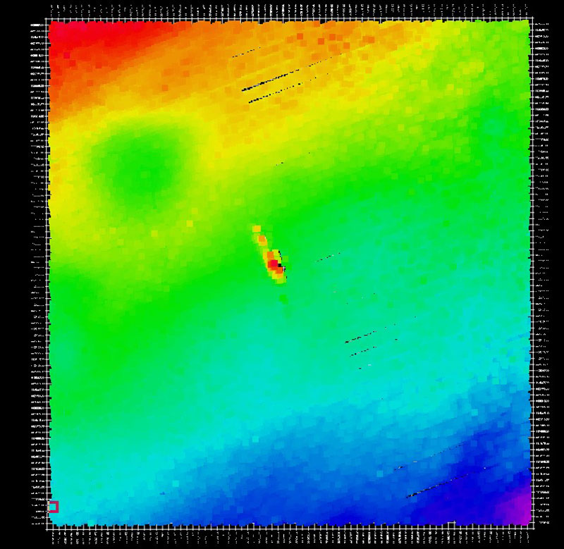 Figure 5. Overhead view of shipwreck. Wreck indicated with white arrow, depression indicated with purple arrow. Image created in QPS Qimera 3D Editor.