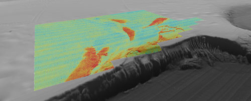 Figure 2. Multibeam backscatter data draped on bathymetry from the southern portion of the Blake Plateau survey. Warm colors are high intensity backscatter anomalies that show where the seafloor is hard and/or coarse. Low backscatter (cool colors) show where the seafloor is soft and/or smooth. Coral mounds, exposed carbonate, and sand drifts can be interpreted from these high backscatter anomalies. Figure 2. Multibeam backscatter data draped on bathymetry from the southern portion of the Blake Plateau survey. Warm colors are high intensity backscatter anomalies that show where the seafloor is hard and/or coarse. Low backscatter (cool colors) show where the seafloor is soft and/or smooth. Coral mounds, exposed carbonate, and sand drifts can be interpreted from these high backscatter anomalies.