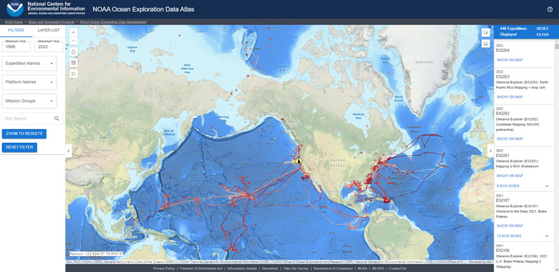 Screenshot of the NOAA Ocean Exploration Data Atlas