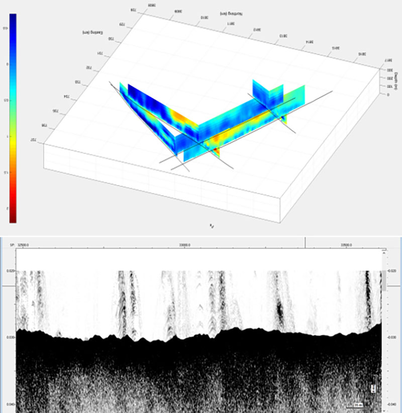 The upper image shows a fence plot of 2D resistivity from the CSEM survey lines off Point Conception. Warm warm colors indicate high resistivity, inferred to be hydrocarbon. The bottom image shows a section of sonar data along the same survey lines, with interesting &ldquo;haystack&rdquo; features. These areas with high resistivity that correspond to identified features in the sonar data will be targeted for possible sampling during the research expedition aboard Research Vessel Sally Ride.
